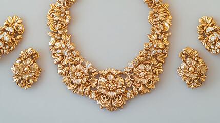 Obraz premium Handmade gold statement necklace centered on a pale gray background, with matching earrings and bracelet flanking it symmetrically