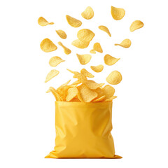 Crispy Potato chips fly out of yellow bag on transparent