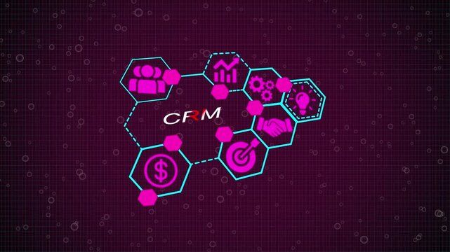 Internet, business, Technology and network concept. CRM Customer Relationship Management. Virtual button. 3d video and grid background animation.