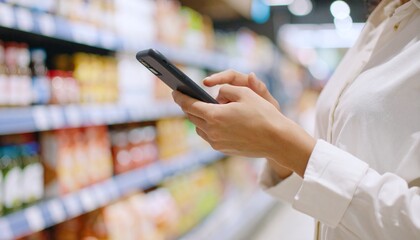 woman checking smartphone in supermarket