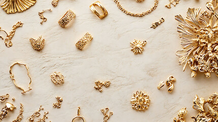 Fototapeta premium Light textured background with scattered layout of various handmade gold jewelry pieces showing natural imperfections and artistic detail