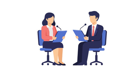 Two People Debating with Microphones and Clipboards Illustration.