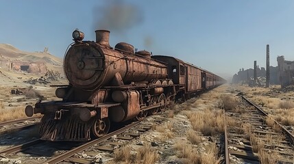 Vintage train in desolate landscape