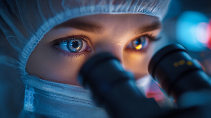 Scientific Gaze: A close-up view of a scientist intensely focused on a microscope, bathed in the cool, illuminating light of a laboratory environment.