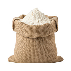 Full burlap sack overflowing with fine white flour isolated on transparent background