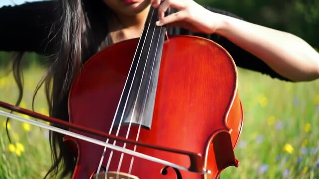 A red cello held by a woman outside. A female cellist performs with the instrument against a natural backdrop. Close-up