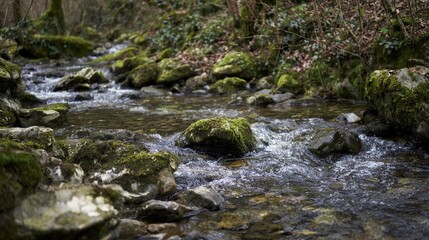 Mossy rocks dot a stream flowing through a shadowy woodland scene