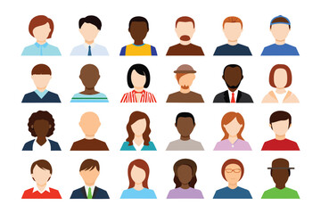 Diverse Avatars: A collection of flat avatars representing a diverse range of individuals, perfect for illustrating community, and global unity. 