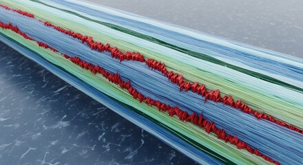 Layered network data, like an ice core, marked by striking red spikes representing firewall activity or critical events. A visual metaphor for network analysis as woven fabric.