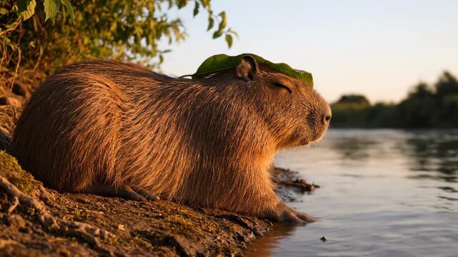 funny capybara - A peaceful capybara resting by the riverbank at sunset, with a leaf on its head, surrounded by lush greenery and reflecting water, creating a serene natural scene
