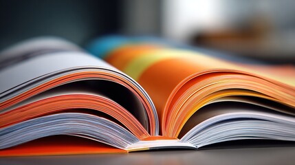Open book with vibrant orange and white pages, shallow depth of field