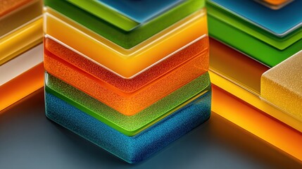 Stacked, colorful, chevron-shaped layers with textured surfaces; close-up perspective