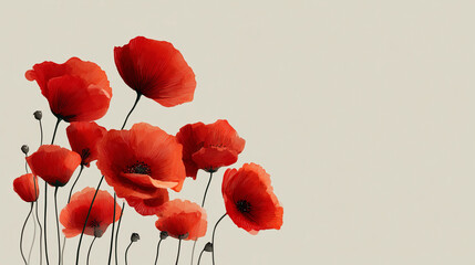 Obraz premium Poppies in Bloom: A vibrant collection of radiant red poppies blossoms against a neutral backdrop, evoking sentiments of tranquility, renewal, and the enduring essence of beauty.