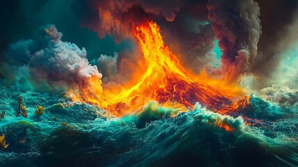Volcanic eruption over turbulent waters