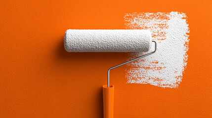 Obraz premium Painting the Canvas: A close-up shot showcases a paint roller applying a fresh coat of white paint onto an vibrant orange wall. A symbolic representation of renewal and creative transformation.
