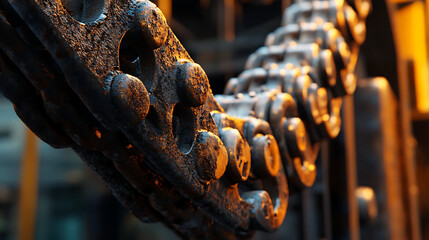 A chain of gears with a yellowish color. The chain is rusty and dirty. The chain is made of metal
