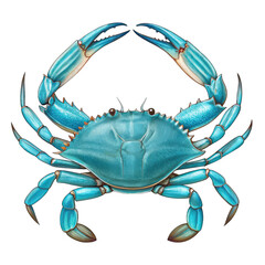 Detailed illustration of a vibrant blue crab with claws raised isolated on transparent background