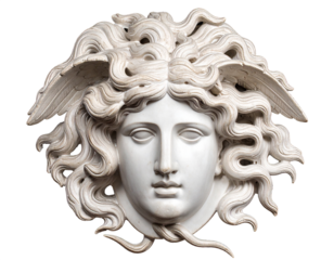 Marble Medusa head. Transparent background. Greek Mythology.