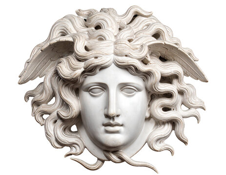 Marble Medusa head. Transparent background. Greek Mythology.