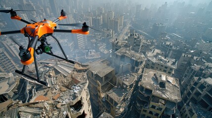 Obraz premium High-tech drone scanning devastated city landscape from above, showing post-conflict reality