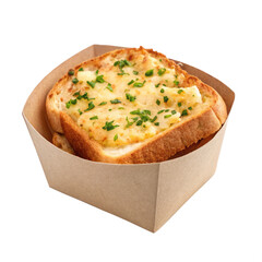Egg Garlic Cheese Toast in paper bucket on transparent