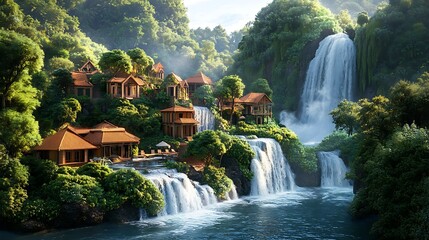 Waterfall village landscape