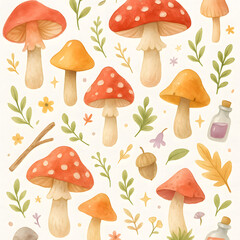 Watercolor Forest Mushrooms and Autumn Plants &ndash; Botanical Fungi Seamless Pattern