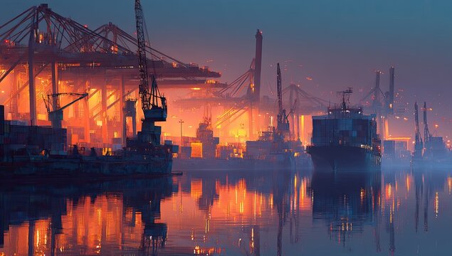 Port at dawn, cranes, ships, cargo, misty