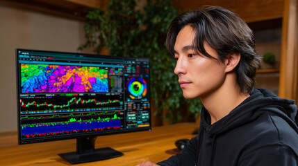 Asian Man Analyzes Stock Market Data on Computer Screen at Home