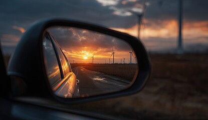Car mirror reflecting sunset over wind turbines
