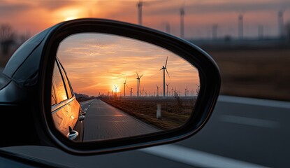 Car mirror reflecting a sunrise over wind turbines on a road