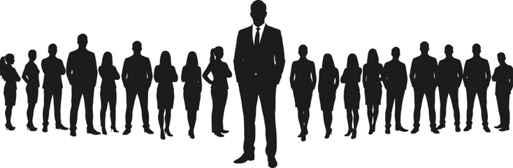 Silhouette business team standing confidently together, leadership concept, professional workforce unity, corporate collaboration, office attire, successful management, vector illustration