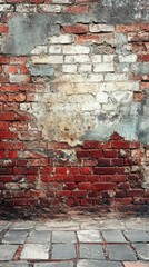 Fototapeta premium Distressed Brick Wall and Pavement Background with Weathered Texture