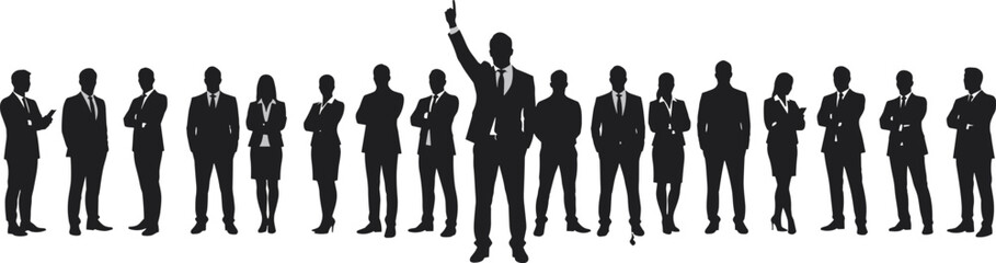 Silhouette of business professionals team, leadership concept, corporate executives standing together, professional attire, teamwork unity, office collaboration, vector illustration