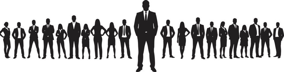 Silhouette of diverse business professionals standing in row, corporate team unity, leadership concept, professional attire, teamwork, collaboration, vector illustration