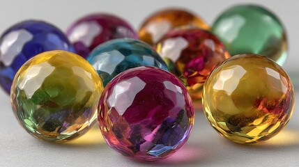 Close-up of colorful, textured glass orbs with a faceted surface and soft lighting