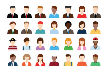 Diverse Avatar Set: A collection of 30 diverse flat-design avatars, representing a variety of ethnicities, genders, and hairstyles. Perfect for user profiles, website design, and presentations. 