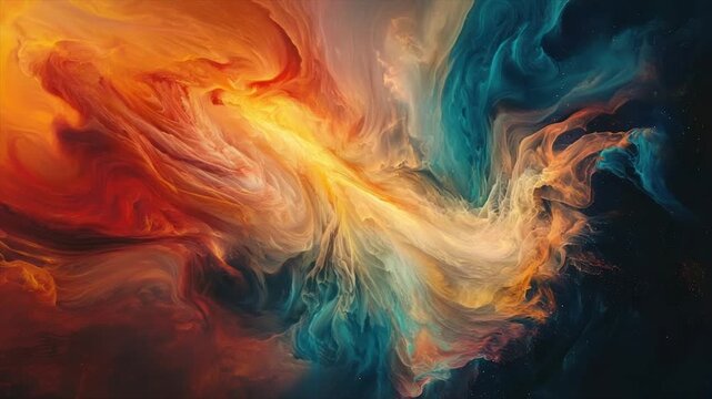 Fiery, swirling abstract art; orange and teal hues clash and blend