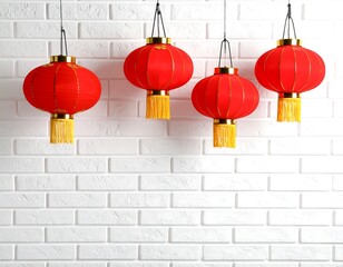 Red lanterns hanging on white brick wall