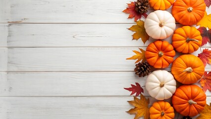 Fototapeta premium Autumn Harvest: Whitewashed Wood Background with Pumpkins, Pinecones, and Fall Leaves