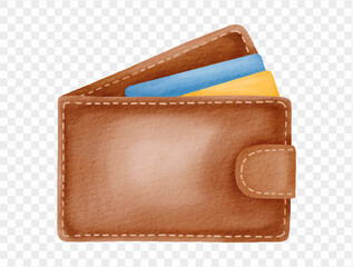 Watercolor wallet with credit cards summer travel finance accessory. Vector.