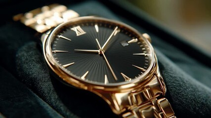 A luxurious gold wristwatch with a black dial is displayed in a close-up shot, highlighting its elegant design and craftsmanship.