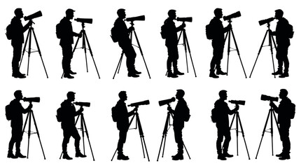 Silhouettes of people observing through telescopes in various poses  