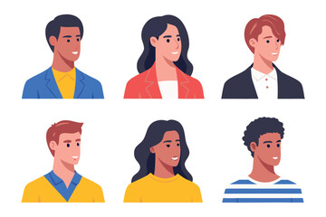 Diverse Faces: A collection of six diverse individuals, each portrayed with unique features and expressions, showcasing the beauty and variety of humanity in a minimalist style.
