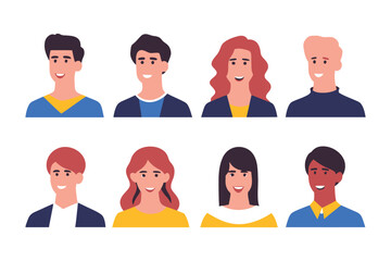 Diverse Portraits Collection: A vibrant collection of eight diverse smiling avatar portraits, featuring various hairstyles, skin tones, and clothing styles.  Perfect for websites, presentations.