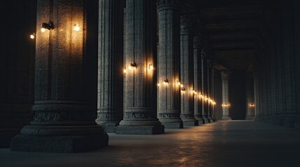 Dark corridor lined with fluted columns, illuminated by sconces