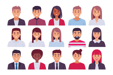 Diverse Avatar Collection: A set of twenty diverse and friendly cartoon avatars representing a variety of ethnicities, genders and hairstyles. Perfect for profile pictures, website design.