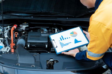 Asian male automotive technician who inspects, repairs, and maintains all vehicle systems,ensuring...