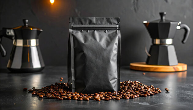 Premium black coffee bag mockup on a dark slate countertop with roasted coffee beans and a manual brewer set