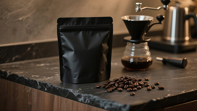Premium black coffee bag mockup on a dark slate countertop with roasted coffee beans and a manual brewer set